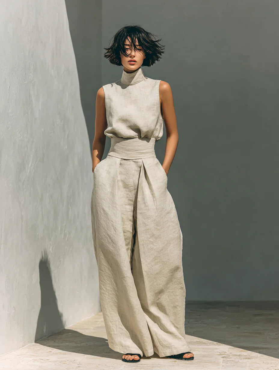 Conjunto compuesto por una blusa sin mangas y pantalones de pierna ancha en una mezcla de algodón y lino.