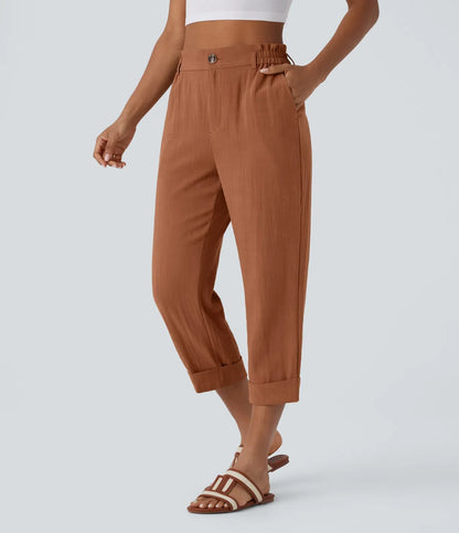 Joana | Pantalones Capri de alto en bolsillos y aspecto de lino