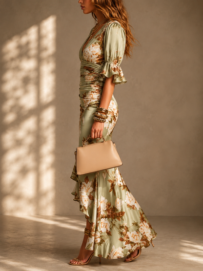 Anastasia | Vestido largo asimétrico de satén verde