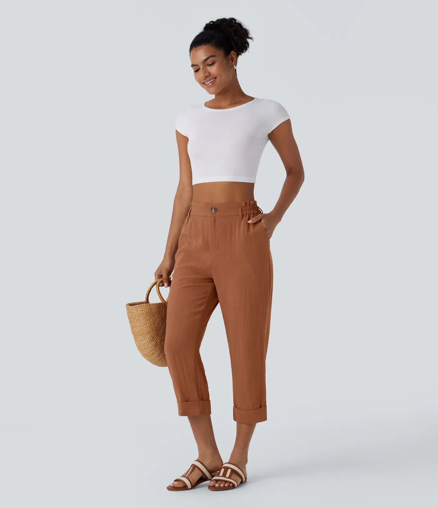 Joana | Pantalones Capri de alto en bolsillos y aspecto de lino