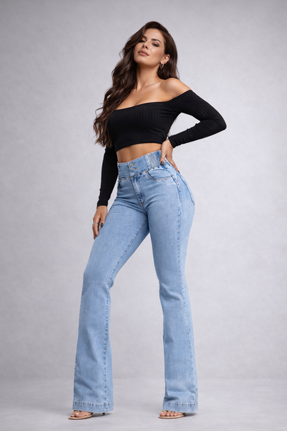 Jeans Acampanados Elásticos de Talle Alto