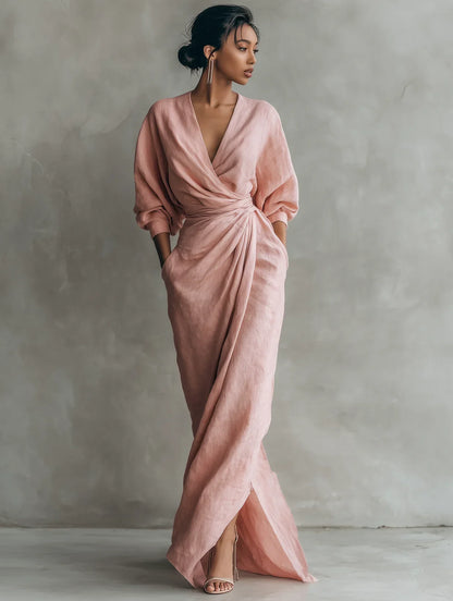 Vestido largo rosa de lino con escote en V