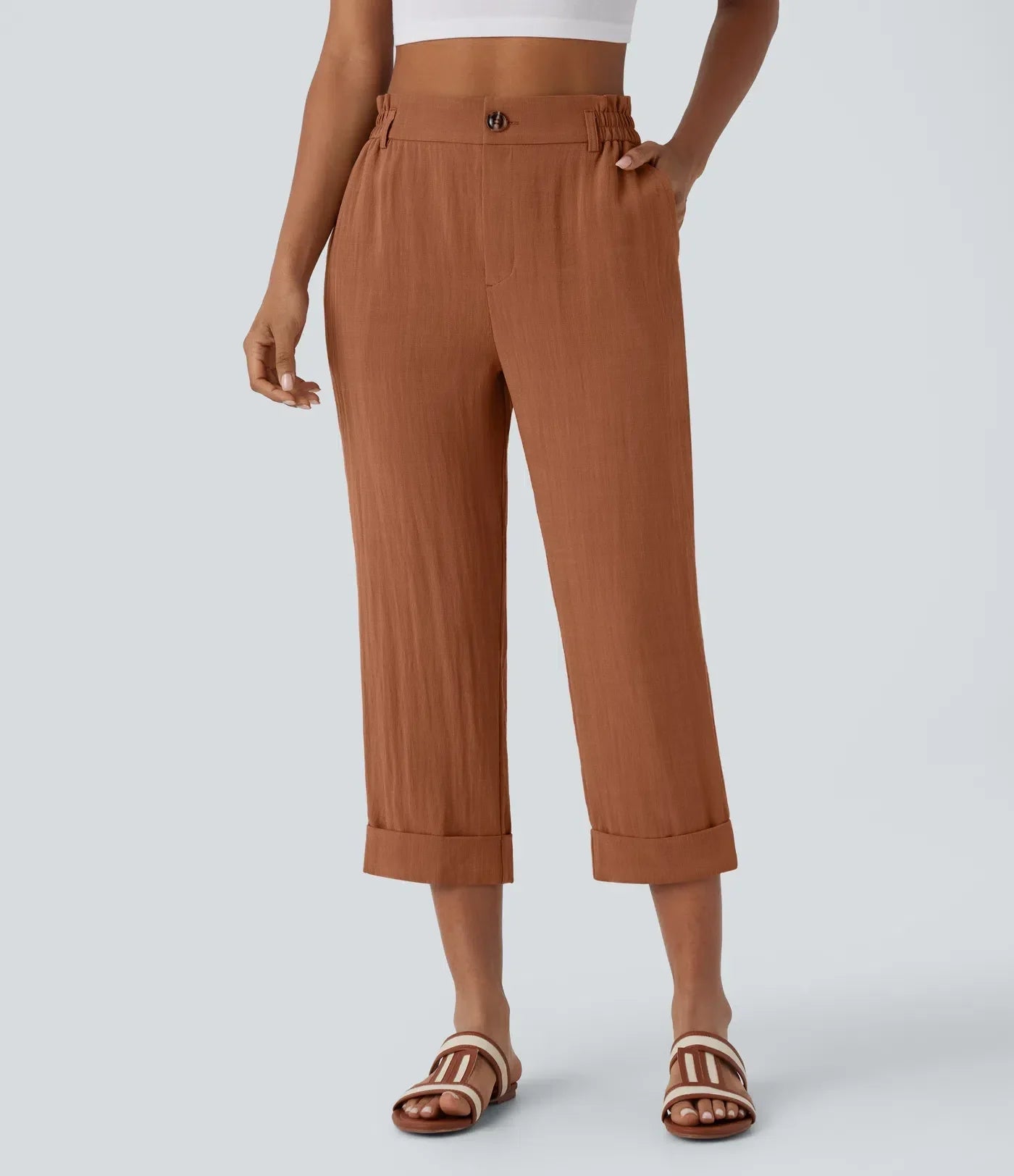 Joana | Pantalones Capri de alto en bolsillos y aspecto de lino