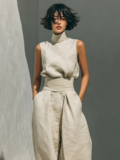 Conjunto compuesto por una blusa sin mangas y pantalones de pierna ancha en una mezcla de algodón y lino.