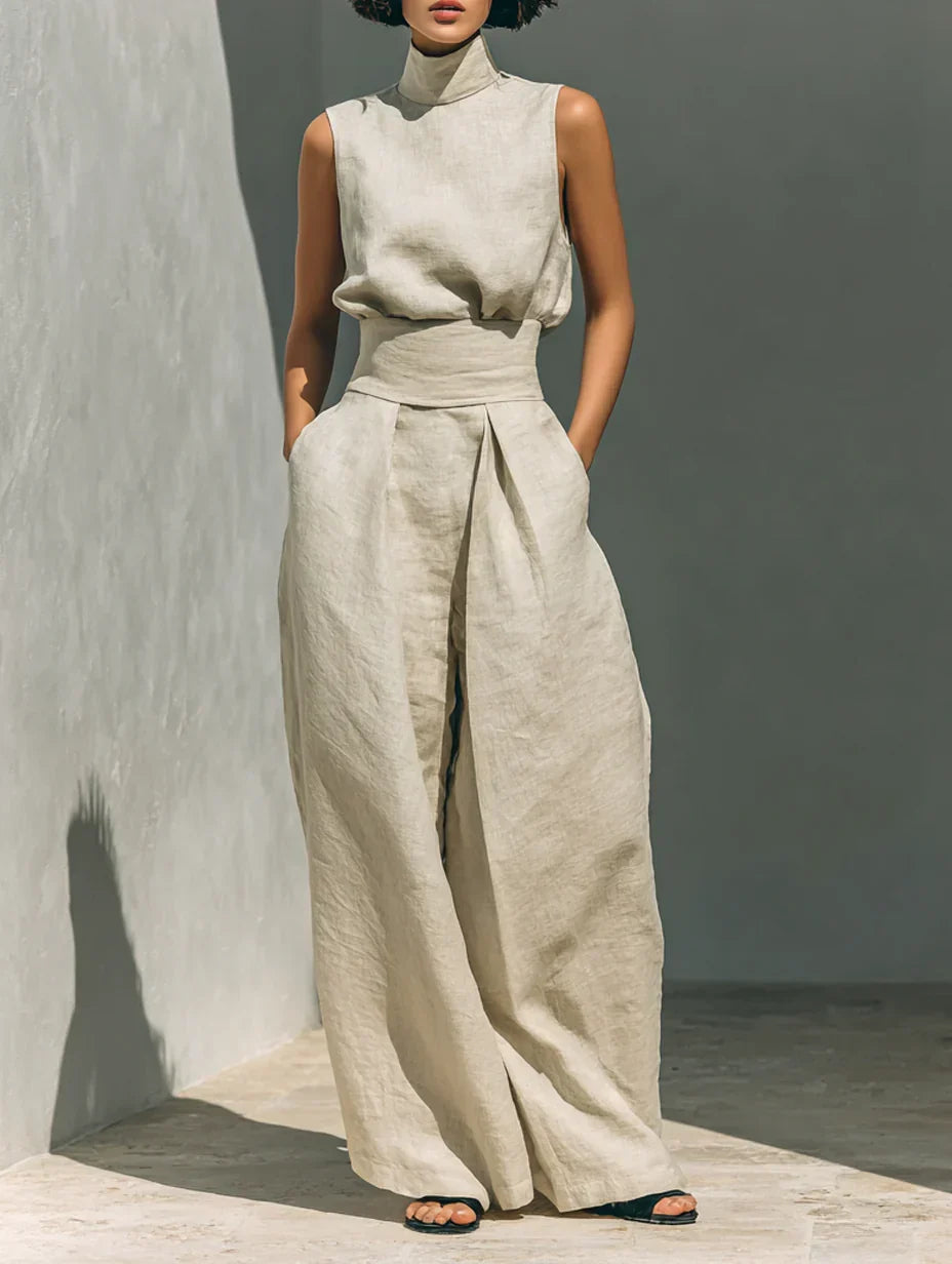 Conjunto compuesto por una blusa sin mangas y pantalones de pierna ancha en una mezcla de algodón y lino.