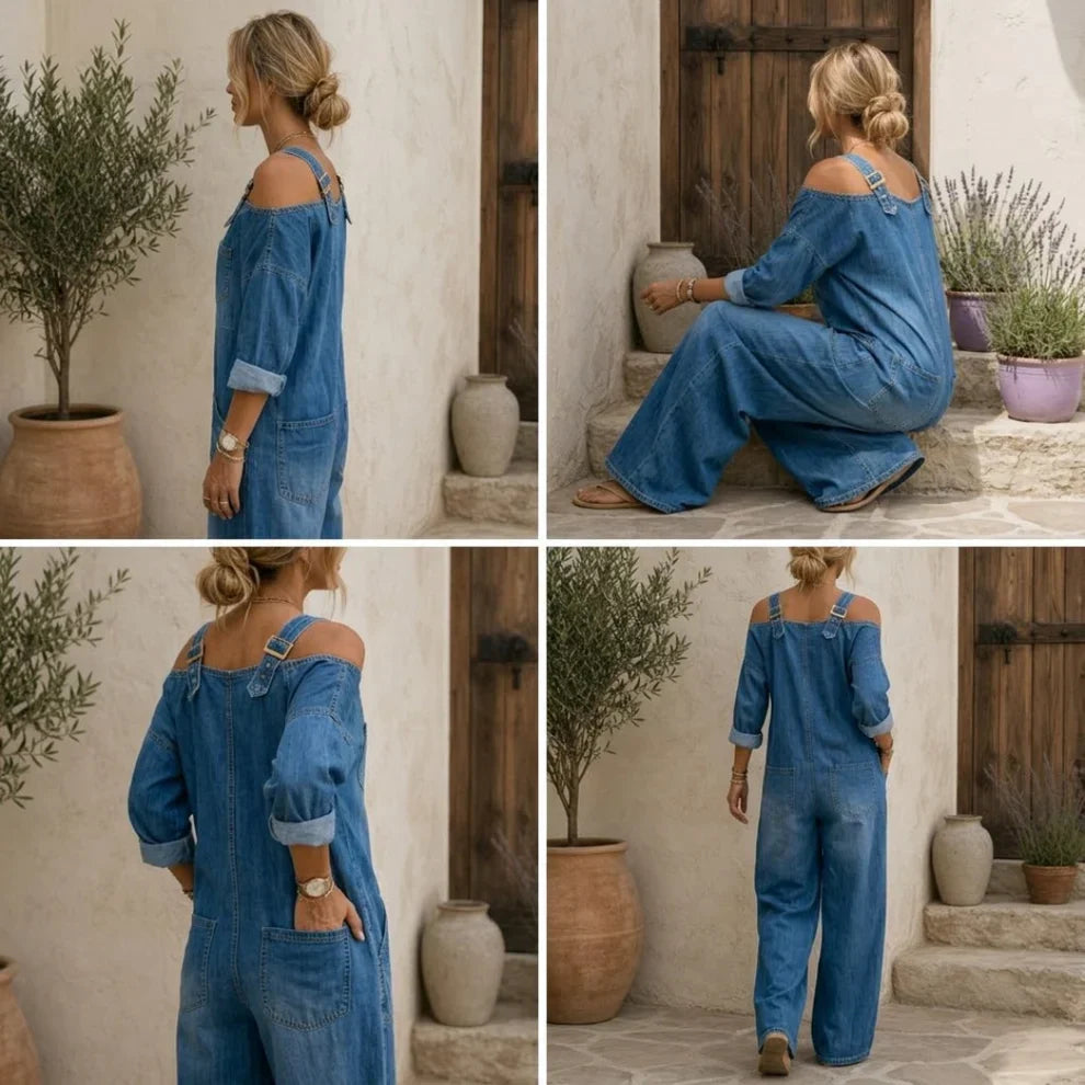 Mono con hombros descubiertos, perneras anchas y bolsillos