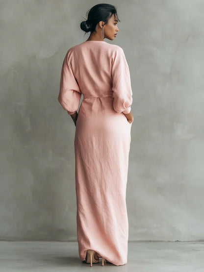 Vestido largo rosa de lino con escote en V