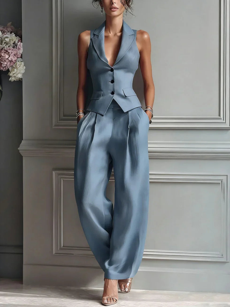 Mónica | Traje de dos piezas con cuello en V formal casual